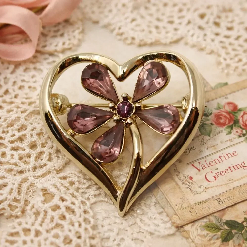 Vintage Monet Open Heart Pin Brooch Purple Rhinestone Flower Valentine - Hey Viv